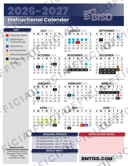 Beaumont Independent School District 2026-27 calendar
