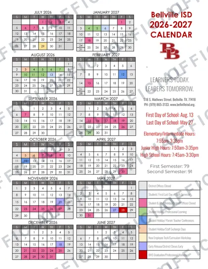 Bellville ISD 2026-27 calendar