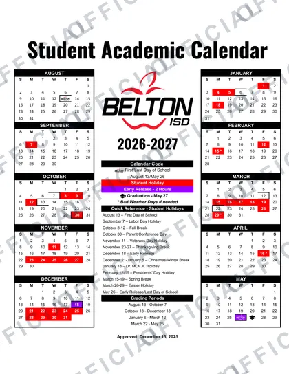 Belton ISD 2026-27 calendar