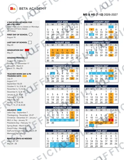 BETA ACADEMY MS & HS 7-12 2026-27 calendar