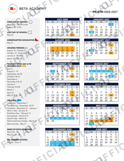 BETA ACADEMY PK-6TH 2026-27 calendar