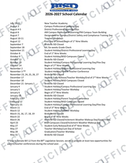 Birdville BISD 2026-27 calendar
