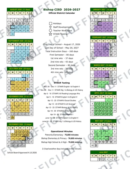 Bishop CISD 2026-27 calendar