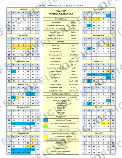 Bland Independent School District 2026-27 calendar