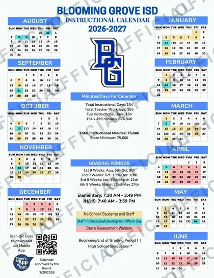 Blooming Grove ISD 2026-27 calendar