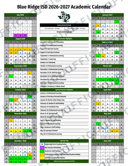 Blue Ridge ISD 2026-27 calendar