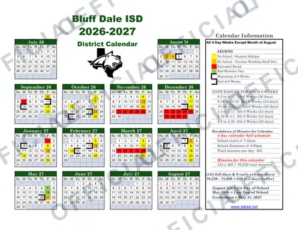 Bluff Dale ISD 2026-27 calendar
