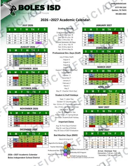 Boles Independent School District 2026-27 calendar
