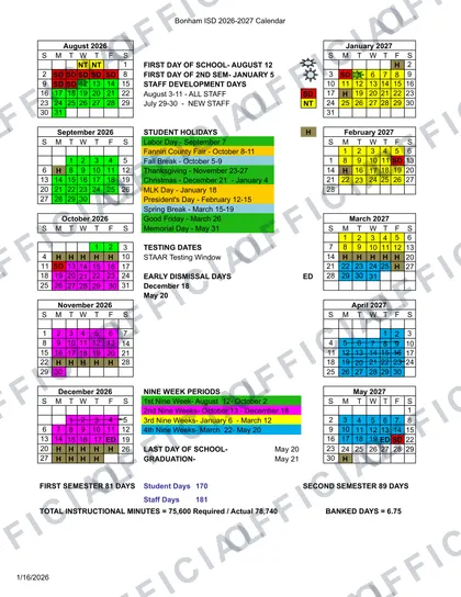Bonham ISD 2026-27 calendar