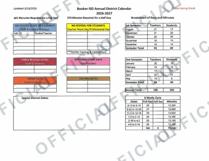 Booker ISD 2026-27 calendar