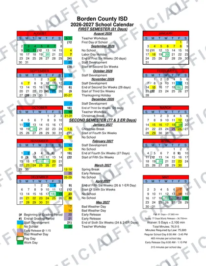 Borden County ISD 2026-27 calendar