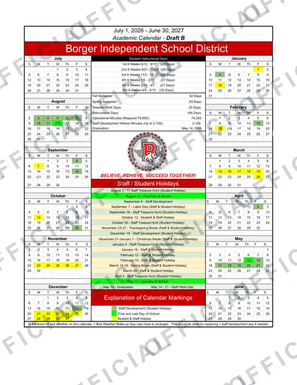 Borger ISD 2026-27 calendar