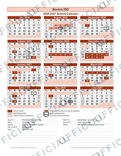 Bovina ISD 2026-27 calendar