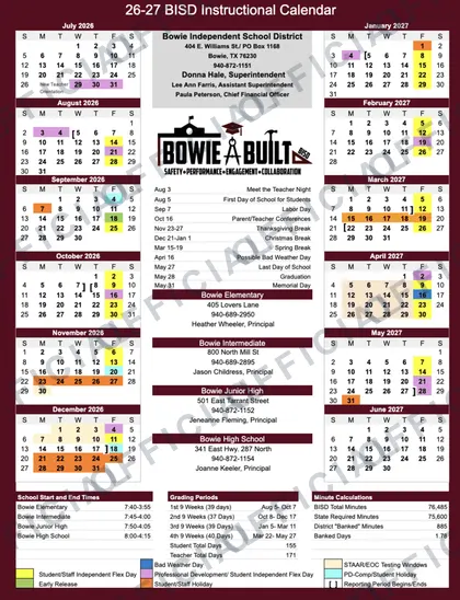 Bowie ISD 2026-27 calendar