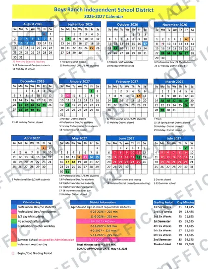Boys Ranch Independent School District 2026-27 calendar