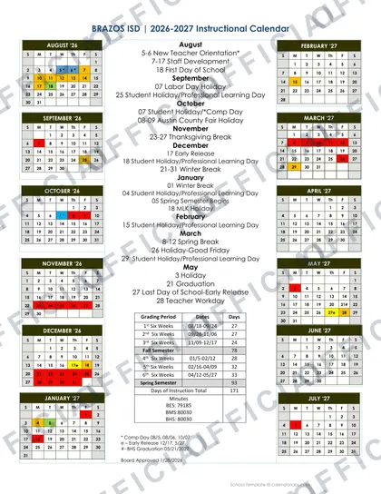 BRAZOS ISD 2026-27 calendar