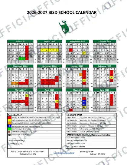 Breckenridge Independent School District 2026-27 calendar