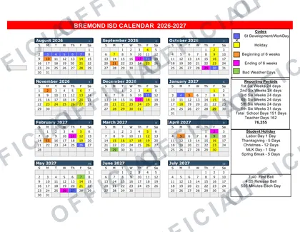 Bremond ISD 2026-27 calendar