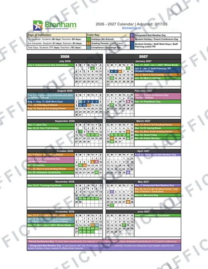 Brenham ISD Independent School District 2026-27 calendar