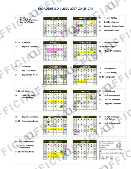 Broaddus ISD 2026-27 calendar
