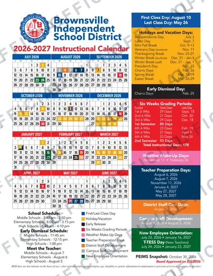 Brownsville Independent School District 2026-27 calendar