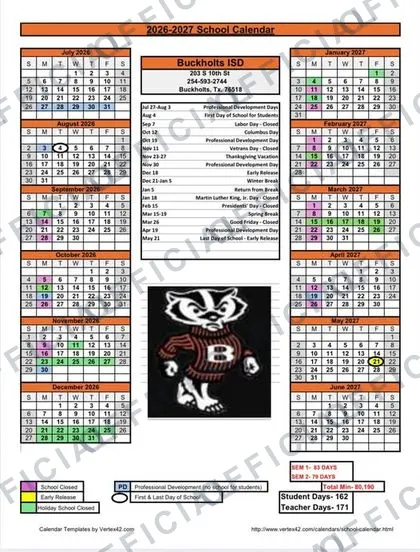 Buckholts ISD 2026-27 calendar