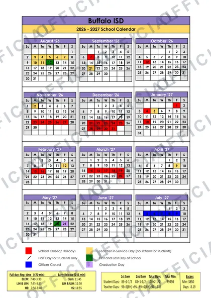Buffalo ISD 2026-27 calendar