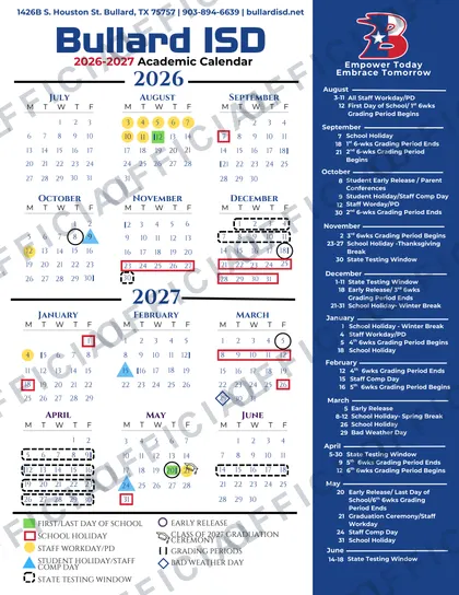 Bullard ISD Independent School District 2026-27 calendar