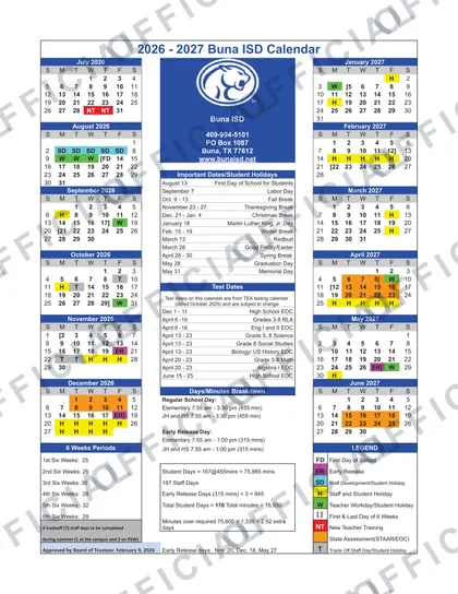 Buna ISD 2026-27 calendar