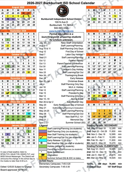 Burkburnett ISD Independent School District 2026-27 calendar