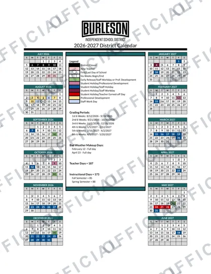 Burleson Isd Independent School District 2026-27 calendar