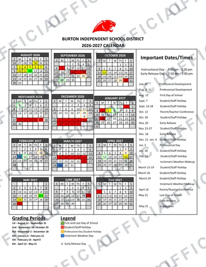 Burton Independent School District 2026-27 calendar