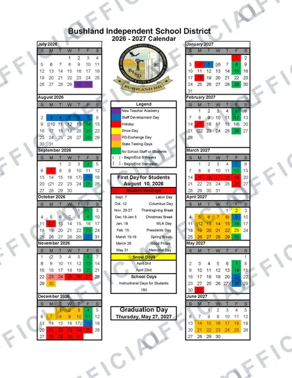Bushland Independent School District 2026-27 calendar