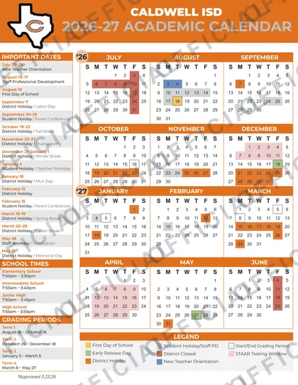 Caldwell ISD 2026-27 calendar