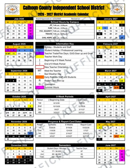 Calhoun County Isd 2026-27 calendar