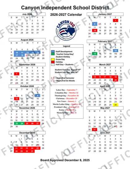Canyon Independent School District 2026-27 calendar