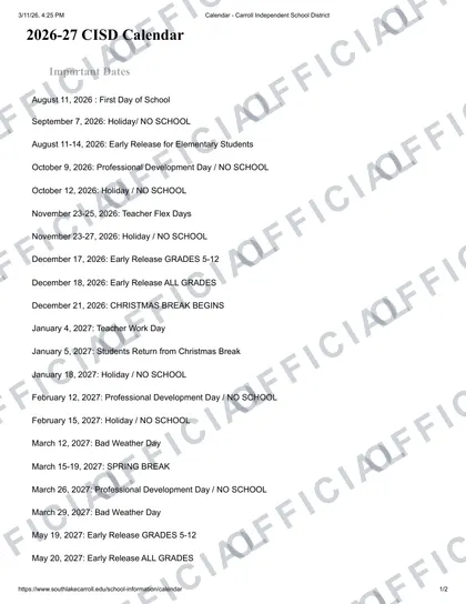 Carroll ISD 2026-27 calendar