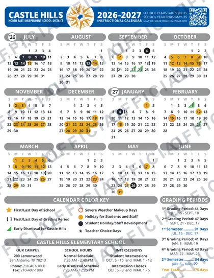 Castle Hills Elementary School 2026-27 calendar