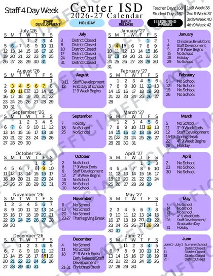 Center ISD 2026-27 calendar