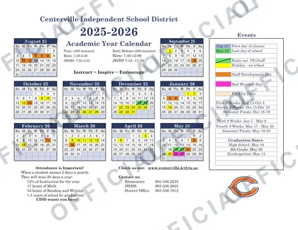 Centerville Independent School District 25-26 2026-27 calendar