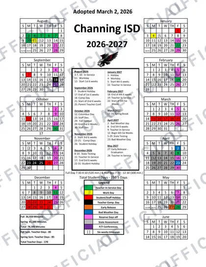 Channing ISD 2026-27 calendar