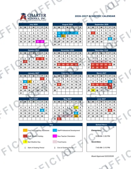 CHARTER SCHOOLS, INC 2026-27 calendar