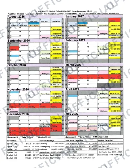 Cherokee ISD 2026-27 calendar