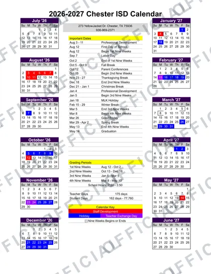 Chester ISD 2026-27 calendar