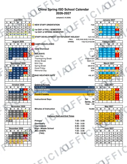 China Spring ISD 2026-27 calendar