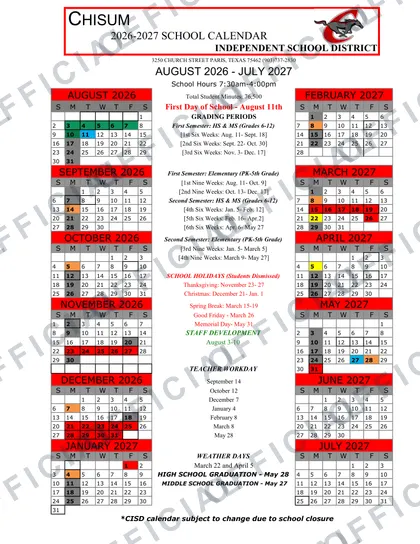 Chisum Independent School District 2026-27 calendar