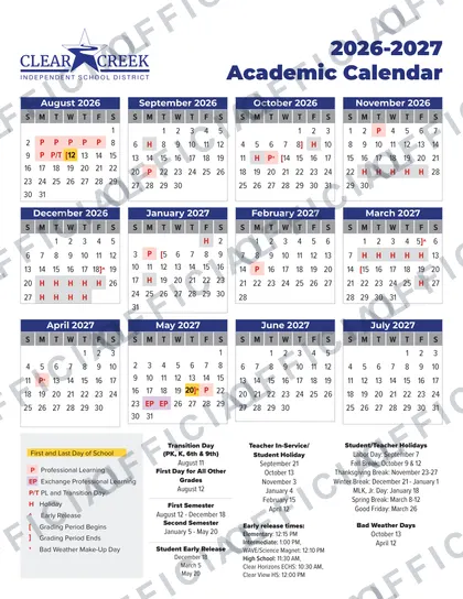 Clear Creek ISD Independent School 2026-27 calendar