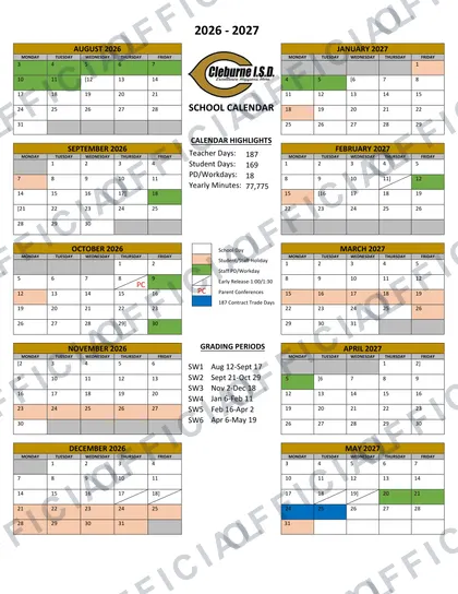 Cleburne ISD 2026-27 calendar