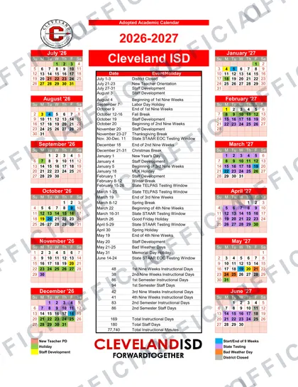 Cleveland ISD 2026-27 calendar