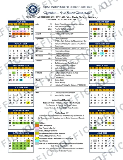 Clint Early College Academy 2026-27 calendar
